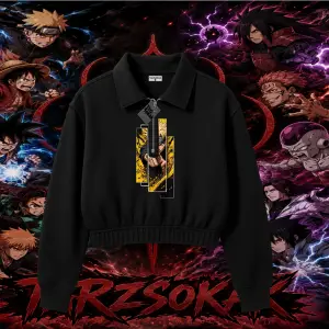 Naruto Uzumaki Premium Anime Kadın Crop Polo Yaka Yarım Fermuarlı Sweatshirt Beyaz