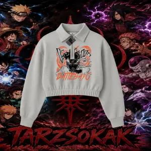 Naruto Uzumaki Premium Anime Kadın Crop Polo Yaka Yarım Fermuarlı Sweatshirt Beyaz