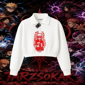 Naruto Uzumaki Premium Anime Kadın Crop Polo Yaka Yarım Fermuarlı Sweatshirt Beyaz