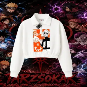 Naruto Uzumaki Premium Anime Kadın Crop Polo Yaka Yarım Fermuarlı Sweatshirt Beyaz