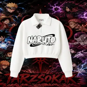 Naruto Uzumaki Premium Anime Kadın Crop Polo Yaka Yarım Fermuarlı Sweatshirt Beyaz