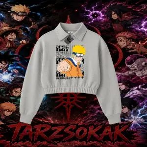 Naruto Uzumaki Premium Anime Kadın Crop Polo Yaka Yarım Fermuarlı Sweatshirt Beyaz