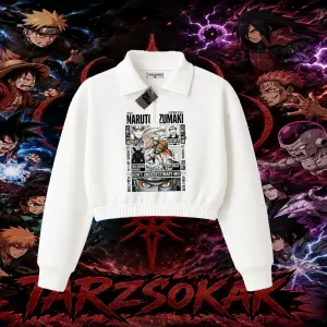 Naruto Uzumaki Premium Anime Kadın Crop Polo Yaka Yarım Fermuarlı Sweatshirt Beyaz