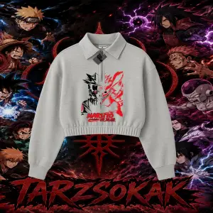 Naruto Uzumaki Premium Anime Kadın Crop Polo Yaka Yarım Fermuarlı Sweatshirt Beyaz