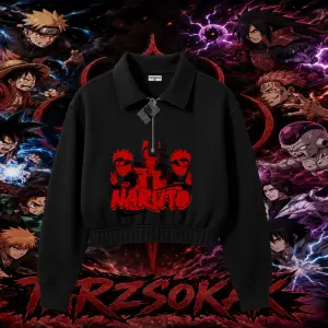 Naruto Uzumaki Premium Anime Kadın Crop Polo Yaka Yarım Fermuarlı Sweatshirt Beyaz