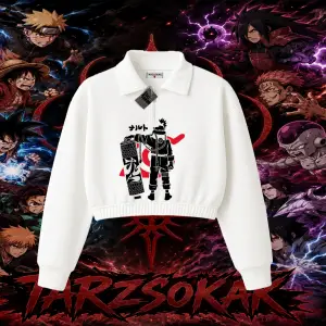 Naruto Uzumaki Premium Anime Kadın Crop Polo Yaka Yarım Fermuarlı Sweatshirt Beyaz