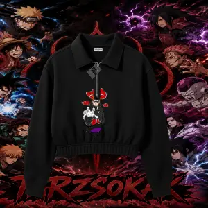 Naruto Uzumaki Premium Anime Kadın Crop Polo Yaka Yarım Fermuarlı Sweatshirt Beyaz