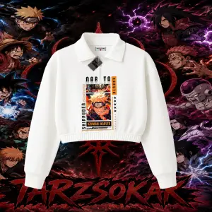 Naruto Uzumaki Premium Anime Kadın Crop Polo Yaka Yarım Fermuarlı Sweatshirt Beyaz