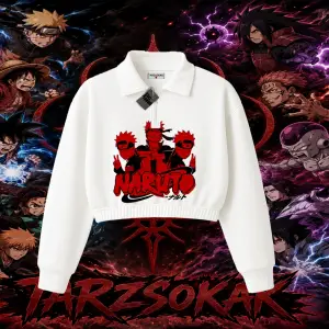 Naruto Uzumaki Premium Anime Kadın Crop Polo Yaka Yarım Fermuarlı Sweatshirt Beyaz