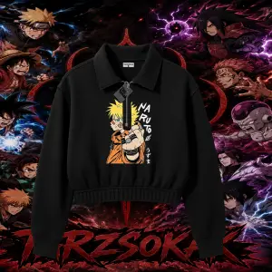 Naruto Uzumaki Premium Anime Kadın Crop Polo Yaka Yarım Fermuarlı Sweatshirt Beyaz