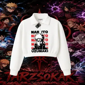 Naruto Uzumaki Premium Anime Kadın Crop Polo Yaka Yarım Fermuarlı Sweatshirt Beyaz