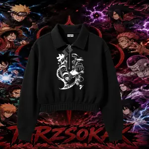 Naruto Uzumaki Premium Anime Kadın Crop Polo Yaka Yarım Fermuarlı Sweatshirt Beyaz