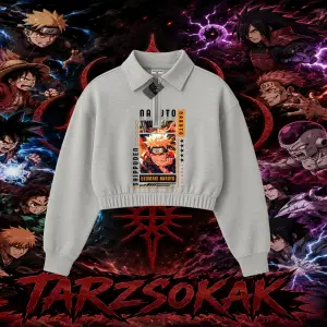 Naruto Uzumaki Premium Anime Kadın Crop Polo Yaka Yarım Fermuarlı Sweatshirt Beyaz