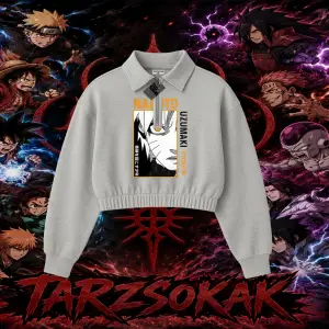 Naruto Uzumaki Premium Anime Kadın Crop Polo Yaka Yarım Fermuarlı Sweatshirt Beyaz