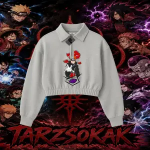 Naruto Uzumaki Premium Anime Kadın Crop Polo Yaka Yarım Fermuarlı Sweatshirt Beyaz