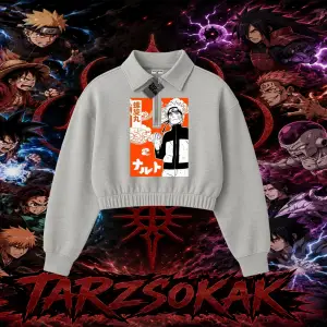 Naruto Uzumaki Premium Anime Kadın Crop Polo Yaka Yarım Fermuarlı Sweatshirt Beyaz