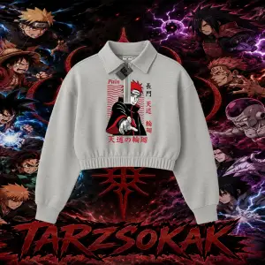 Naruto Uzumaki Premium Anime Kadın Crop Polo Yaka Yarım Fermuarlı Sweatshirt Beyaz
