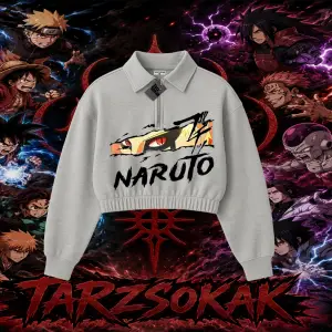 Naruto Uzumaki Premium Anime Kadın Crop Polo Yaka Yarım Fermuarlı Sweatshirt Beyaz