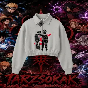 Naruto Uzumaki Premium Anime Kadın Crop Polo Yaka Yarım Fermuarlı Sweatshirt Beyaz