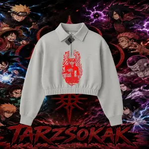 Naruto Uzumaki Premium Anime Kadın Crop Polo Yaka Yarım Fermuarlı Sweatshirt Beyaz