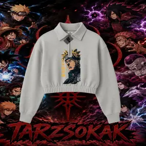 Naruto Uzumaki Premium Anime Kadın Crop Polo Yaka Yarım Fermuarlı Sweatshirt Beyaz