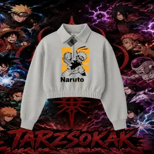Naruto Uzumaki Premium Anime Kadın Crop Polo Yaka Yarım Fermuarlı Sweatshirt Beyaz