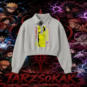 Naruto Uzumaki Premium Anime Kadın Crop Polo Yaka Yarım Fermuarlı Sweatshirt Beyaz