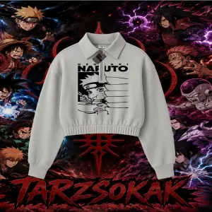 Naruto Uzumaki Premium Anime Kadın Crop Polo Yaka Yarım Fermuarlı Sweatshirt Beyaz