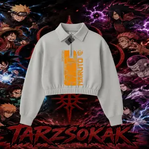 Naruto Uzumaki Premium Anime Kadın Crop Polo Yaka Yarım Fermuarlı Sweatshirt Beyaz