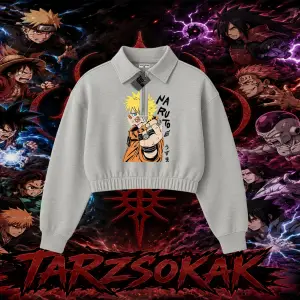 Naruto Uzumaki Premium Anime Kadın Crop Polo Yaka Yarım Fermuarlı Sweatshirt Beyaz
