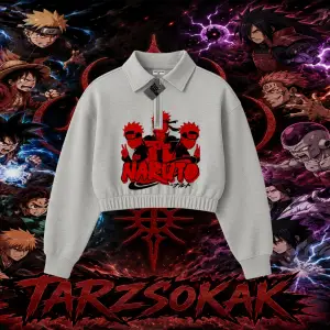 Naruto Uzumaki Premium Anime Kadın Crop Polo Yaka Yarım Fermuarlı Sweatshirt Beyaz