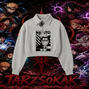Naruto Uzumaki Premium Anime Kadın Crop Polo Yaka Yarım Fermuarlı Sweatshirt Beyaz