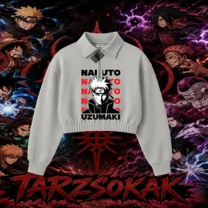 Naruto Uzumaki Premium Anime Kadın Crop Polo Yaka Yarım Fermuarlı Sweatshirt Beyaz