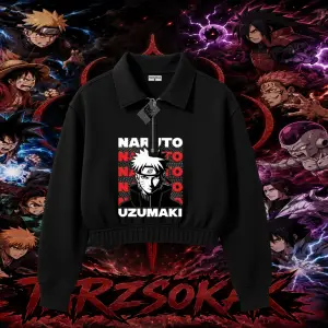 Naruto Uzumaki Premium Anime Kadın Crop Polo Yaka Yarım Fermuarlı Sweatshirt Beyaz