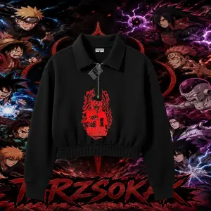 Naruto Uzumaki Premium Anime Kadın Crop Polo Yaka Yarım Fermuarlı Sweatshirt Beyaz