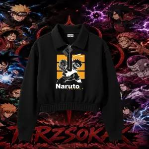 Naruto Uzumaki Premium Anime Kadın Crop Polo Yaka Yarım Fermuarlı Sweatshirt Beyaz