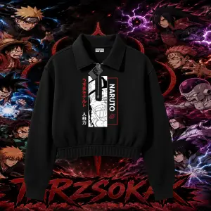 Naruto Uzumaki Premium Anime Kadın Crop Polo Yaka Yarım Fermuarlı Sweatshirt Beyaz