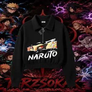 Naruto Uzumaki Premium Anime Kadın Crop Polo Yaka Yarım Fermuarlı Sweatshirt Beyaz