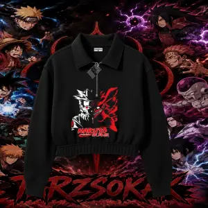 Naruto Uzumaki Premium Anime Kadın Crop Polo Yaka Yarım Fermuarlı Sweatshirt Beyaz