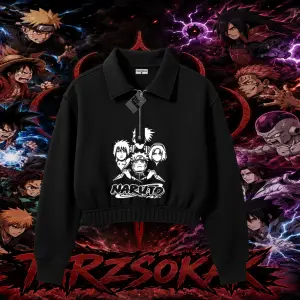 Naruto Uzumaki Premium Anime Kadın Crop Polo Yaka Yarım Fermuarlı Sweatshirt Beyaz