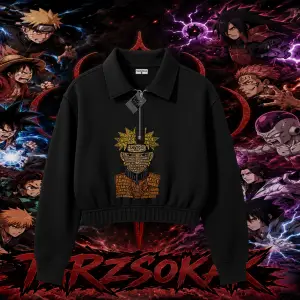 Naruto Uzumaki Premium Anime Kadın Crop Polo Yaka Yarım Fermuarlı Sweatshirt Beyaz