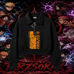 Naruto Uzumaki Premium Anime Kadın Crop Polo Yaka Yarım Fermuarlı Sweatshirt Beyaz