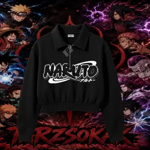 Naruto Uzumaki Premium Anime Kadın Crop Polo Yaka Yarım Fermuarlı Sweatshirt Beyaz