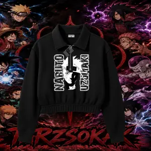Naruto Uzumaki Premium Anime Kadın Crop Polo Yaka Yarım Fermuarlı Sweatshirt Beyaz
