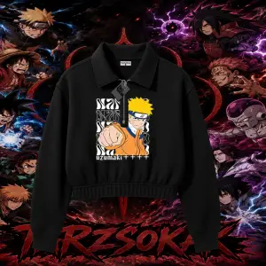 Naruto Uzumaki Premium Anime Kadın Crop Polo Yaka Yarım Fermuarlı Sweatshirt Beyaz