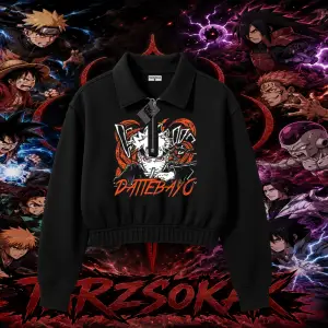 Naruto Uzumaki Premium Anime Kadın Crop Polo Yaka Yarım Fermuarlı Sweatshirt Beyaz
