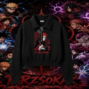 Naruto Uzumaki Premium Anime Kadın Crop Polo Yaka Yarım Fermuarlı Sweatshirt Beyaz