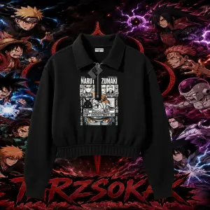 Naruto Uzumaki Premium Anime Kadın Crop Polo Yaka Yarım Fermuarlı Sweatshirt Beyaz