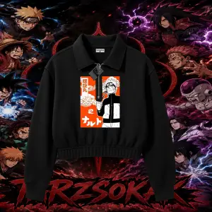 Naruto Uzumaki Premium Anime Kadın Crop Polo Yaka Yarım Fermuarlı Sweatshirt Beyaz