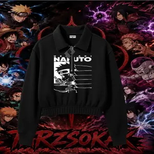 Naruto Uzumaki Premium Anime Kadın Crop Polo Yaka Yarım Fermuarlı Sweatshirt Beyaz